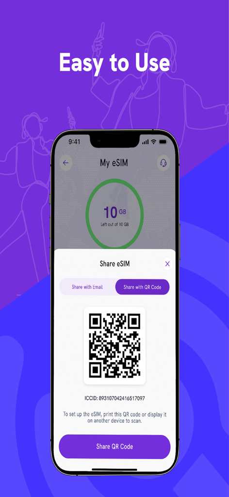 Enjoy eSIM: Global Internet - Enjoy eSIM app interface showing a QR code for easy mobile data activation on an iPhone