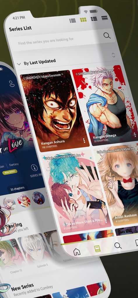 Interface of the Comikey mobile app showing a list of manga and webcomic series covers like Kengan Ashura and Kengan Omega