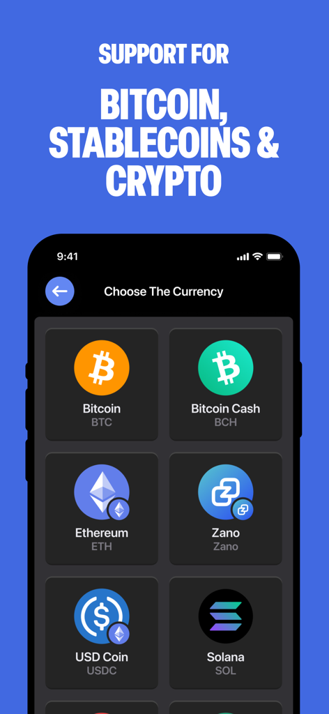 Bitcoin.com Checkout POS - Bitcoin Checkoutモバイルアプリの画面に、利用可能な仮想通貨が表示されています。