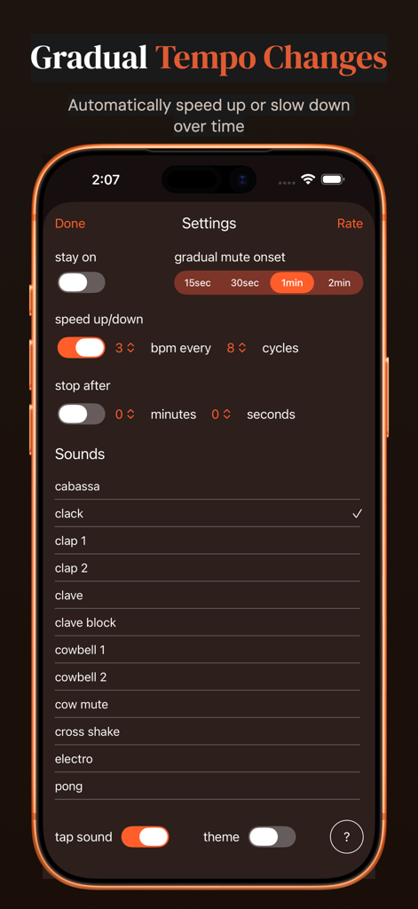 Settings screen of the Time Guru Metronome app showing gradual tempo change options and sound selection
