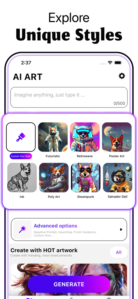 Sabai Artアプリのインターフェースに、未来的なスタイルやスチームパンクなどのユニークなAIアートスタイルが写真生成のために表示されている