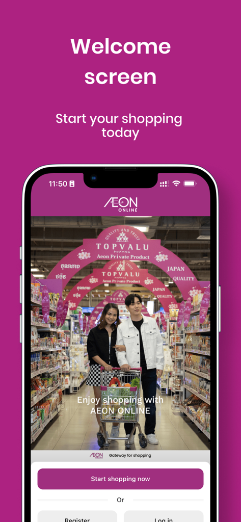 AEON Online - Pantalla de bienvenida de la aplicación AEON Online con un botón para empezar a comprar