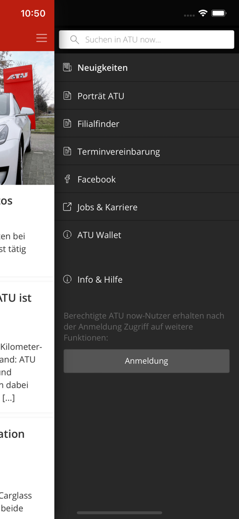 ATU now - The navigation menu of the ATU now app showing sections for news store finder and careers