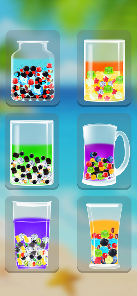 Uma seleção de seis bebidas coloridas de chá de bolhas com várias coberturas e estilos de copo