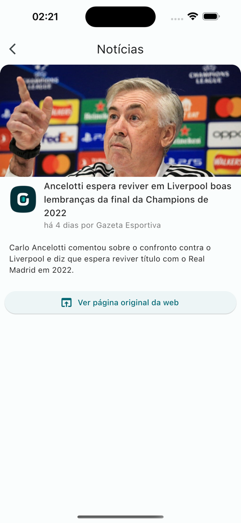 Die AE Sports Noticias App-Oberfläche zeigt einen Fußballnachrichtenartikel über Carlo Ancelotti in portugiesischer Sprache