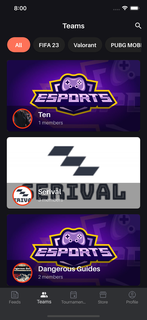 Eternity E-Sport MM - A screenshot of the Teams section in the Eternity E-Sport app showing a list of esports teams and game categories like Valorant and FIFA 23.