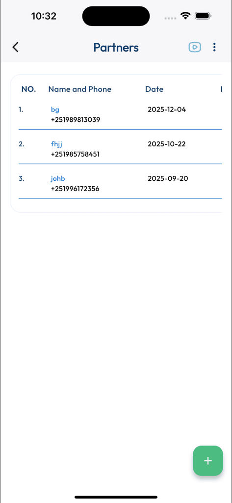 Nexa Tracker - Nexa Tracker app interface showing a list of business partners with contact names phone numbers and registration dates