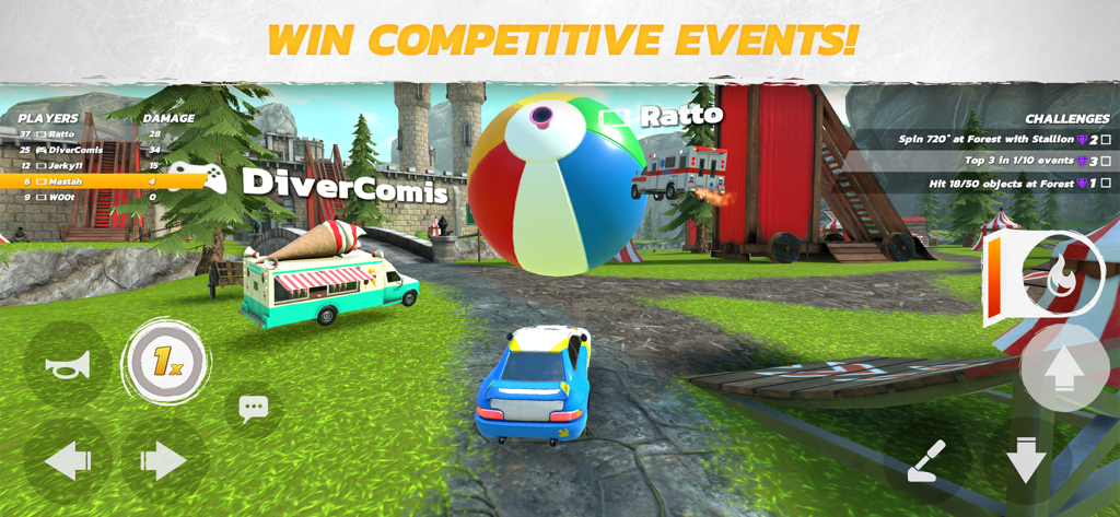 Crash Drive 3 - Un coche participando en un evento competitivo con una pelota de playa gigante en el juego móvil Crash Drive 3.