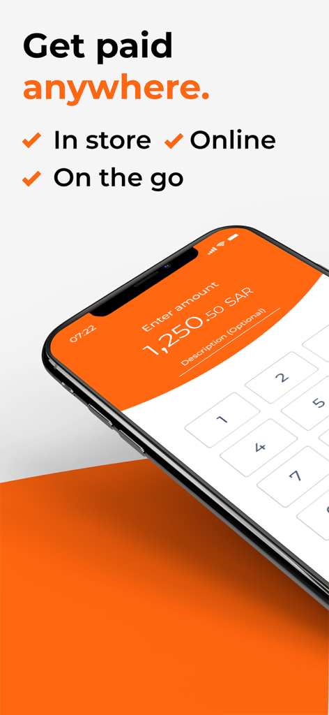 Geidea SoftPOS - Geidea SoftPOS mobile app interface on a smartphone showing a payment entry screen with the slogan Get paid anywhere