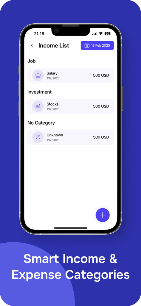 Personal Easy Budget Tracker - Smartphone interface showing the income list screen with categories like salary and investments.