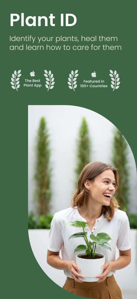 Plant ID ~ Identify Plants - A smiling young woman holding a potted plant featuring Plant ID app branding and awards
