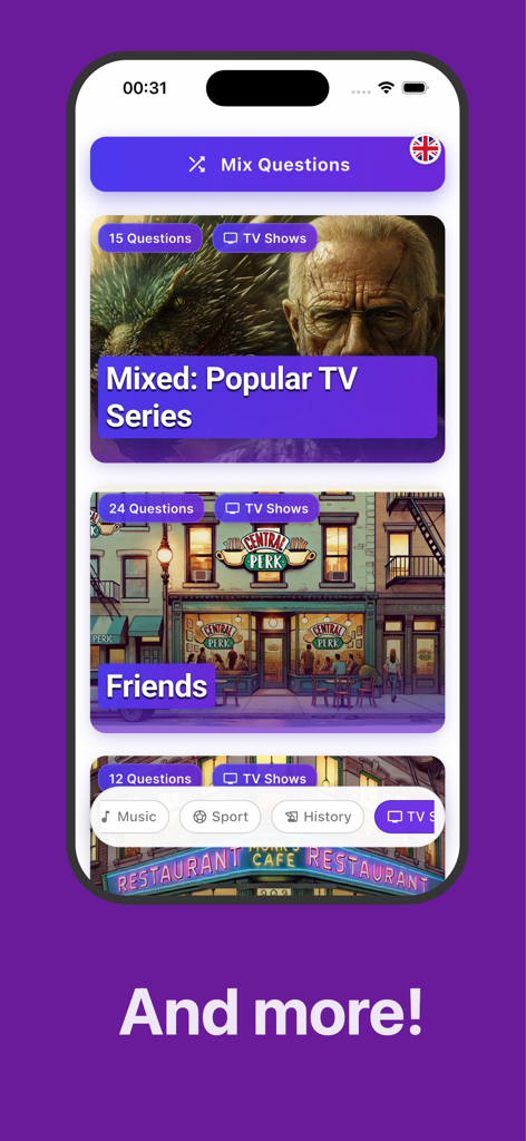 Quiz from Quizery - Una pantalla de la aplicación de trivia Quizery mostrando diferentes paquetes de quizzes que incluyen series de televisión populares y el programa Friends.