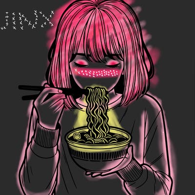 a girl realistic eating ramen noodles