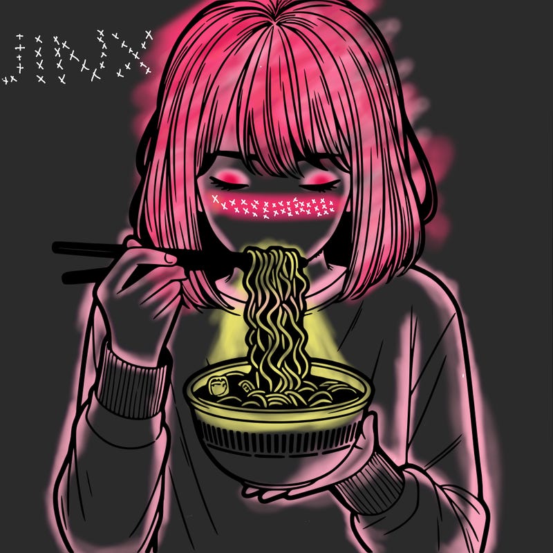 a girl realistic eating ramen noodles