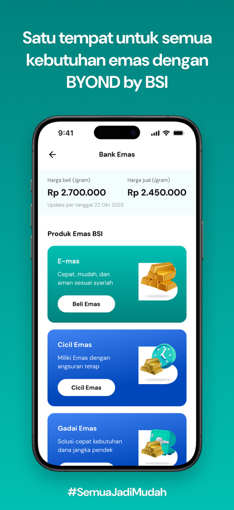 BYOND by BSI mobile app screen showing Sharia compliant gold investment and installment options.