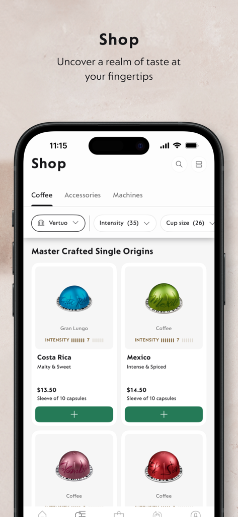 Nespresso Store - Nespressoアプリのインターフェースで、コーヒーカプセルの閲覧と購入ができます。