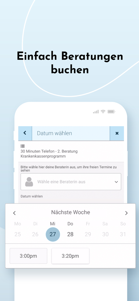 FEMNA Care - A mobile interface for the FEMNA Care app showing a calendar and time slots to book a medical consultation.