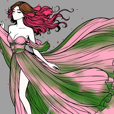 realistic woman in dress flowing the the wind