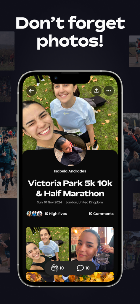 Let’s Do This: Running Events - A mobile app screen from Lets Do This showing a users race photos and social engagement from a marathon event