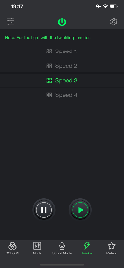 My smartLED - My smartLED app interface showing speed selection for twinkle mode