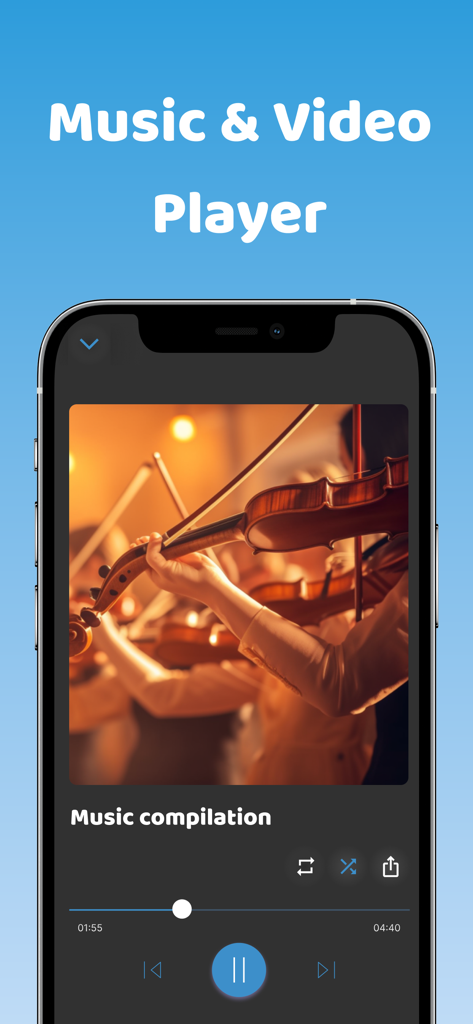 Interfaz de la aplicación Offline Pro mostrando el reproductor de música y vídeo con controles de reproducción y una compilación de música de violín
