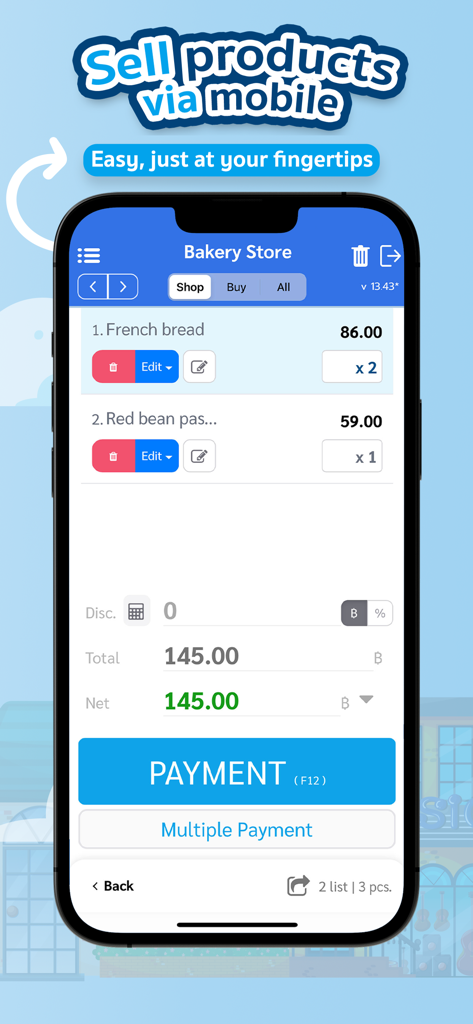 POSPOSアプリでパン屋の商品と支払いオプションを表示するモバイル販売インターフェース