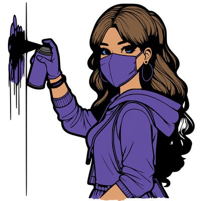 realistic girl with mask spray painting a wall