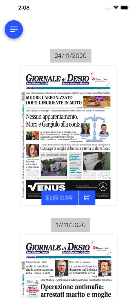 Il Giornale di Desio - Schermata dell'archivio digitale del quotidiano Il Giornale di Desio che mostra varie edizioni passate con anteprime di prima pagina.