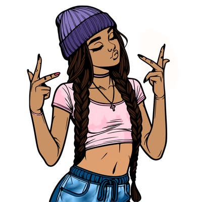 realistic teenage girl with braids and a beanie and crop top doing 🫶🏼