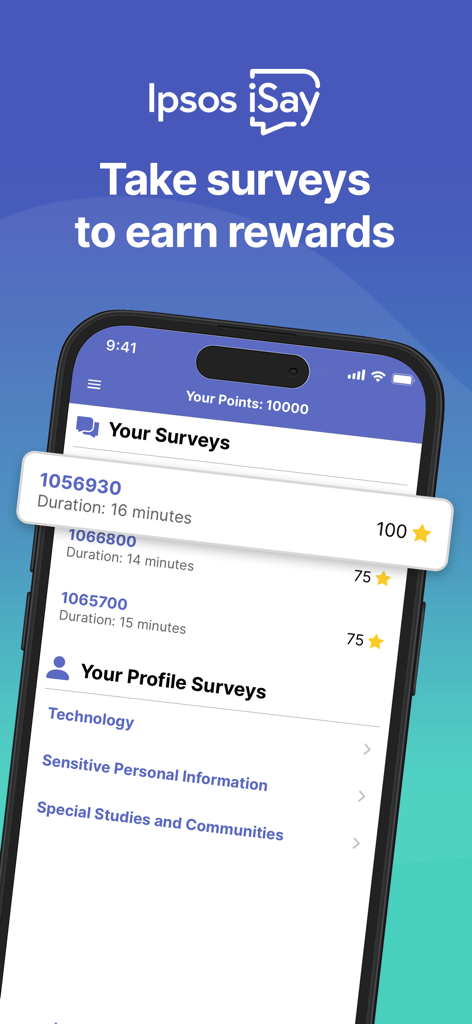Tela móvel do aplicativo Ipsos iSay mostrando uma lista de pesquisas pagas disponíveis com seus valores de pontos e durações estimadas.