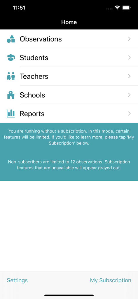 BehaviorSnap - BehaviorSnap App Startbildschirm-Menü mit Optionen für Beobachtungen, Schüler, Lehrer, Schulen und Berichte