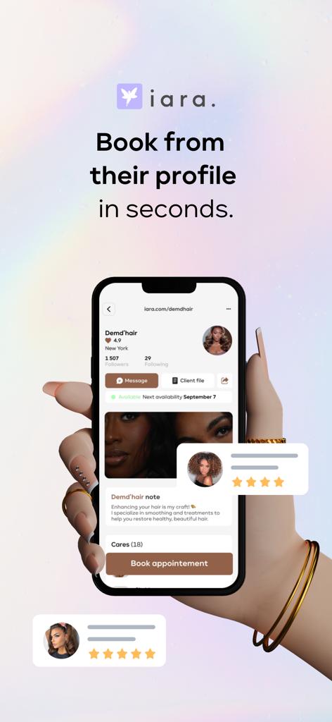 Mobile screen of the iara app showing a beauty professional profile with ratings and a book appointment button.
