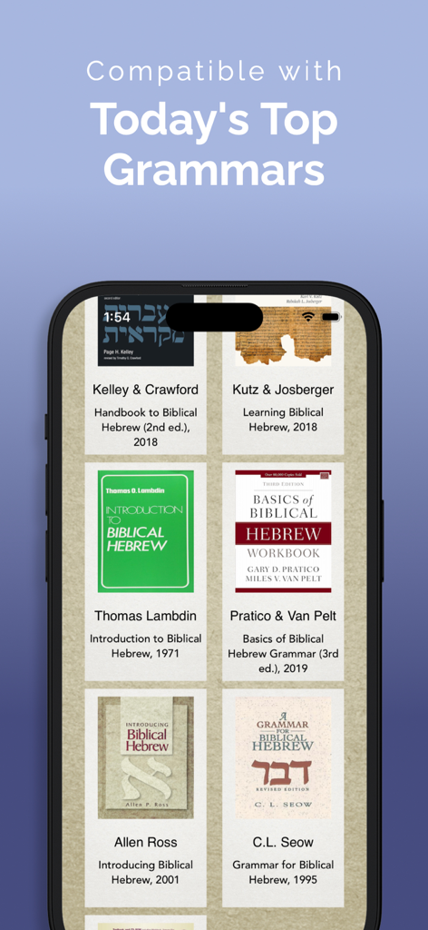 ParseHebrew - Hebrew Quizzing - ParseHebrew app screen displaying compatibility with top Biblical Hebrew grammar textbooks.