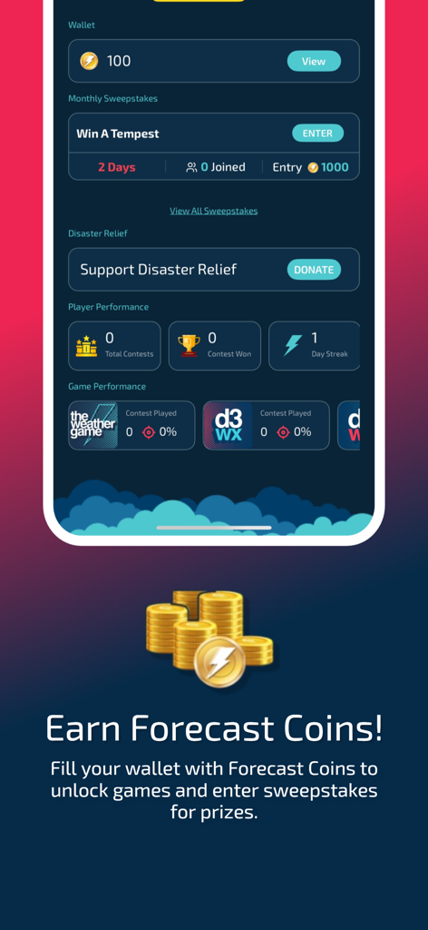 Weather Champs app screen showing the wallet and rewards system for earning forecast coins.