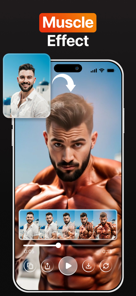 Interface do aplicativo Hedra AI mostrando uma foto de retrato sendo transformada com uma animação de efeito muscular