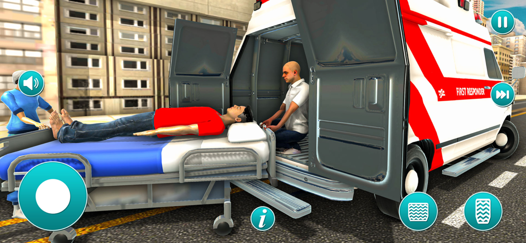 Doctor Game Surgeon Hospital - Paramédicos descargando a un paciente en una camilla de una ambulancia en una calle de la ciudad dentro del juego de cirugía.