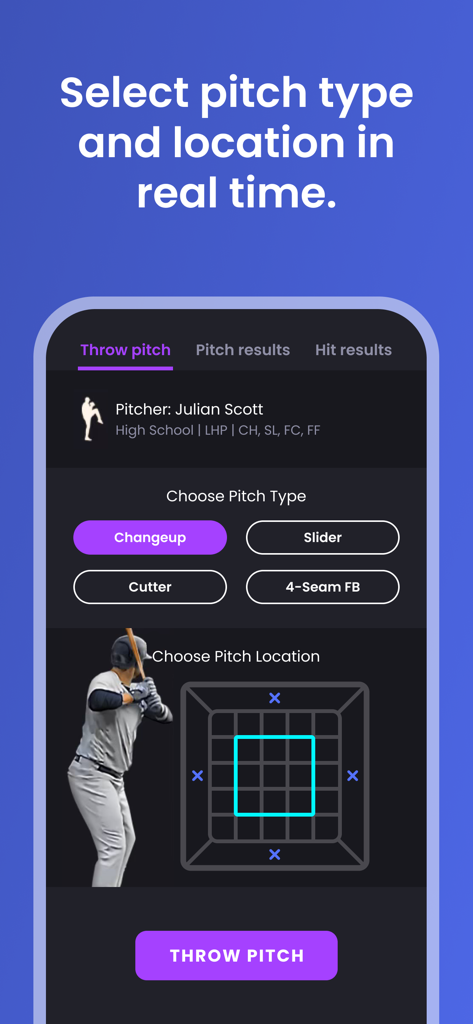 WIN Reality: SwingAI - Interface for selecting baseball pitch type and location in the WIN Reality app