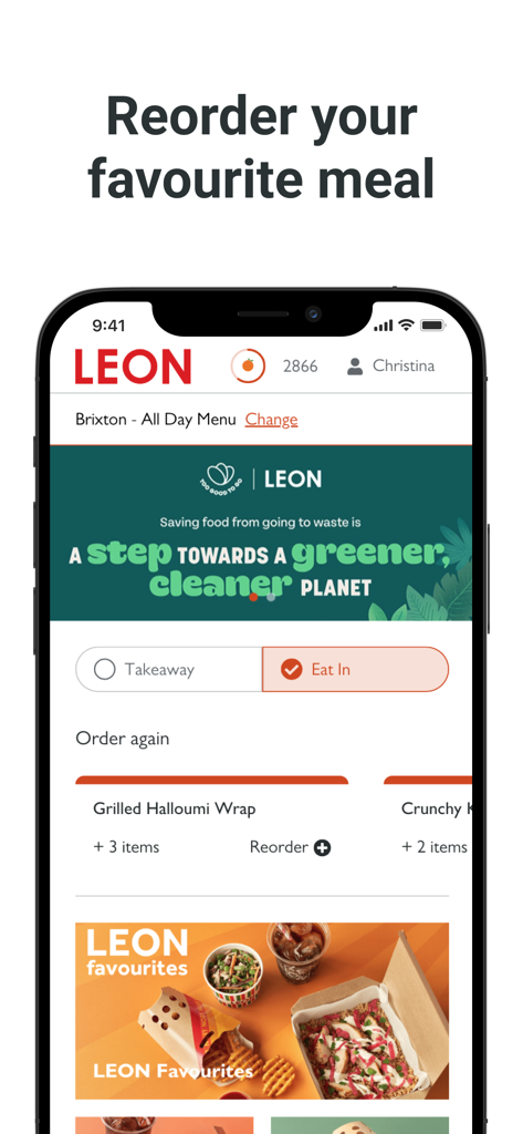 LEON Club: Order & Loyalty - Leon Club app interface showing the reorder favourite meal feature with loyalty points and a sustainability banner