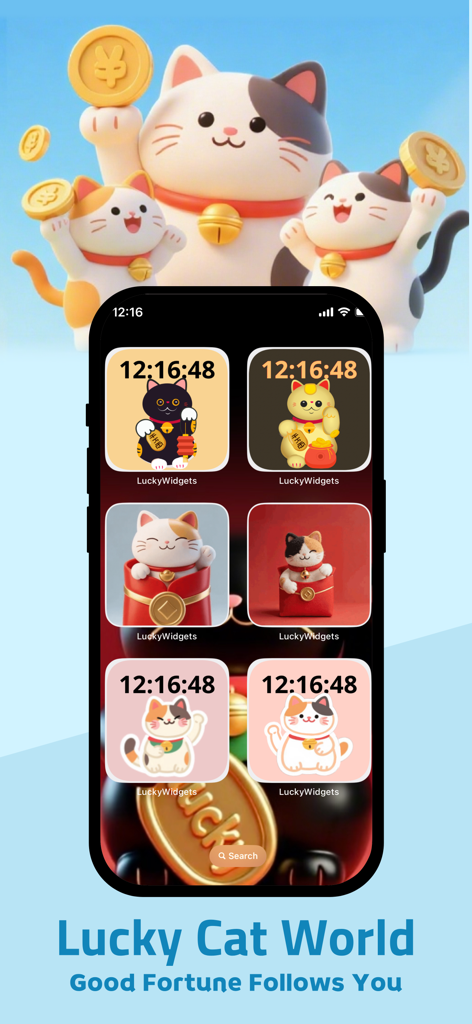 A collection of cute Maneki-neko cat widgets on an iPhone home screen featuring various colors and clock displays