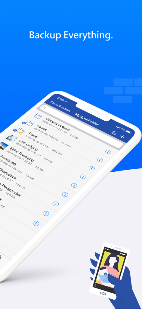 ASUS WebStorage - Interface do aplicativo móvel ASUS WebStorage mostrando uma lista de arquivos e pastas sincronizados para backup na nuvem