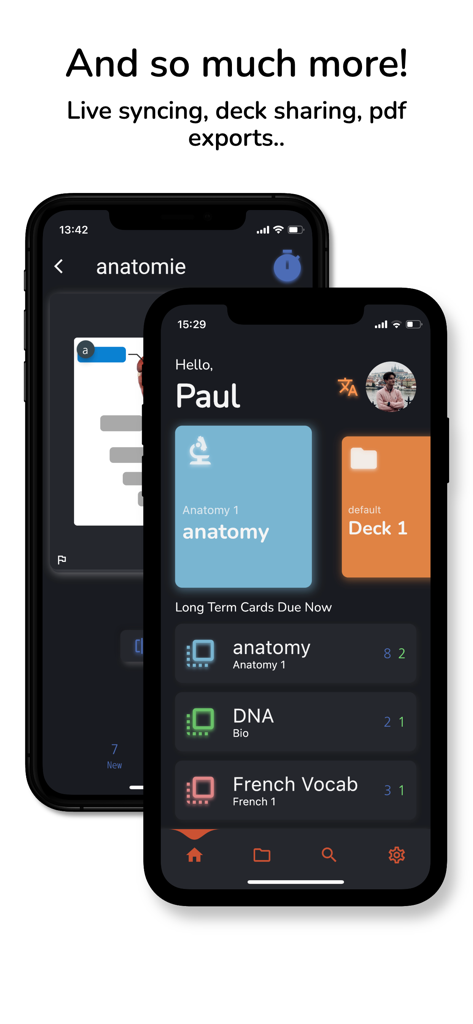OutLearn: Spaced Repetition - OutLearn mobile app dashboard on iPhone showing flashcard decks for anatomy and DNA with features like live syncing and deck sharing