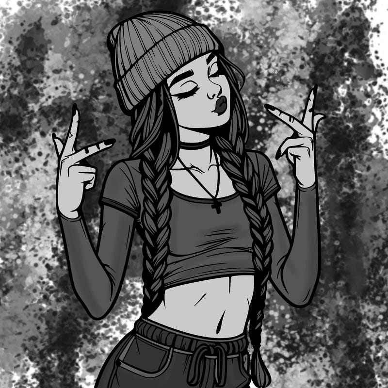 realistic teenage girl with braids and a beanie and crop top doing 🫶🏼