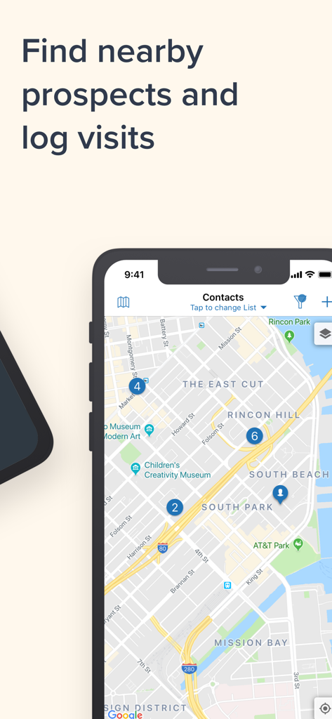 Zendesk Sell mobile app map interface displaying nearby sales prospects and contact locations