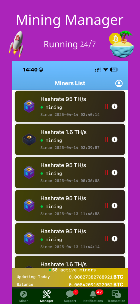Bitcoin Mining App-Oberfläche, die eine Liste aktiver Miner mit Hashrate-Statistiken und dem gesamten BTC-Guthaben zeigt.