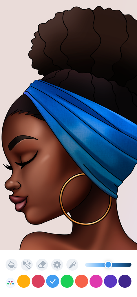 Coloring Book - ColorGuru - Page de coloriage numérique d'une femme avec un foulard bleu et des boucles d'oreilles dorées dans l'application ColorGuru