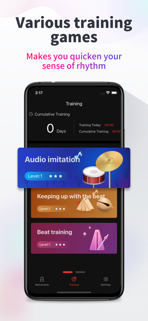 Metronome-music beat rhythm - A smartphone screen displaying various rhythm training games within the metronome app including audio imitation and beat training
