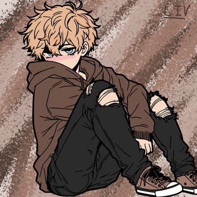 a male hoddie ripped jeans messy hair anime