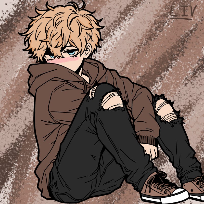 a male hoddie ripped jeans messy hair anime