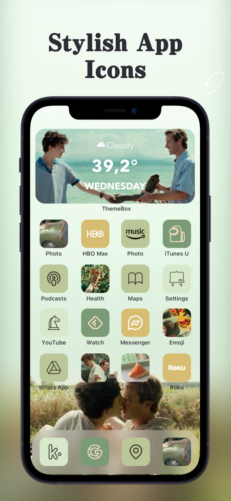 ThemeBox -Widgets,Themes,Icons - A customized iPhone home screen showing stylish app icons and a matching weather widget from the ThemeBox app