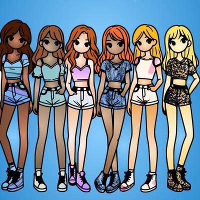 a group of girls wearing crop tops and shorts